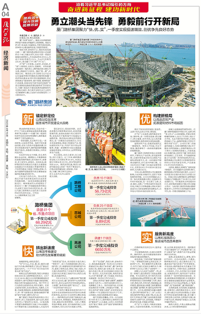 20220415【黨辦】廈門(mén)日?qǐng)?bào)：勇立潮頭當(dāng)先鋒  勇毅前行開(kāi)新局—— 廈門(mén)路橋集團(tuán)聚力“快、優(yōu)、實(shí)”，一季度實(shí)現(xiàn)提速增效、創(chuàng)優(yōu)爭(zhēng)先良好態(tài)勢(shì)_調(diào)整大小.png